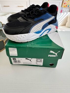 BMW Kids Black, Blue and White Athletic Sneakers with Red Accent